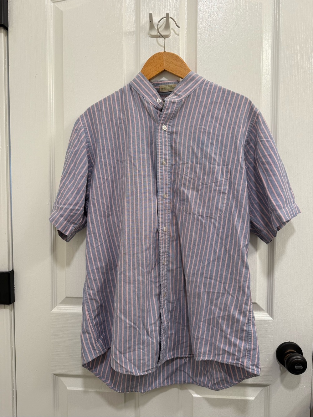 L.L. Bean Short-Sleeve Mandarin Collar Stripe Shirt - Blue & Pink